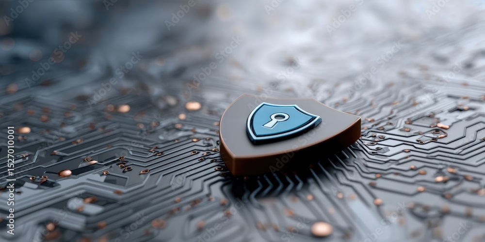 Poster Cybersecurity Shield Icon on Circuit Board, Illustrating Data Protection and Digital Transformation for Business Security Solutions and Technology Innovation : Generative AI