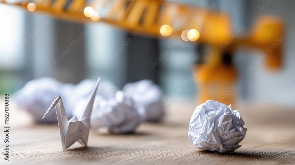 Poster Paper Crane Origami With Crumpled Paper Balls on Desk, Symbolizing Innovation and Creative Problem Solving in Business and Project Management : Generative AI