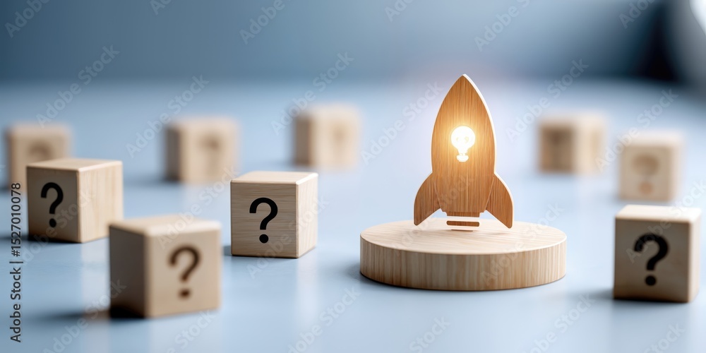 Poster wooden rocket launching from platform surrounded by question mark blocks, illustrating innovation an