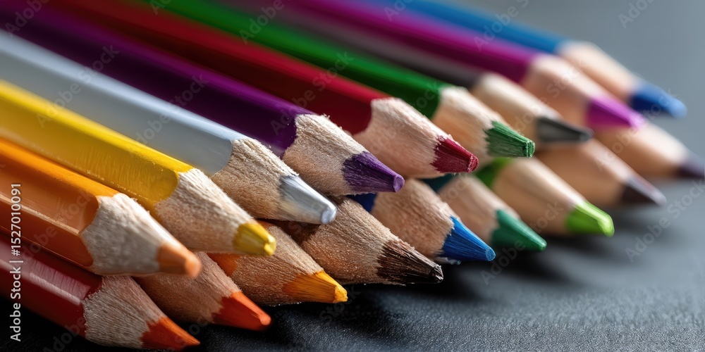 Poster macro shot of colored pencils arranged in a row, illustrating creativity and artistic expression for
