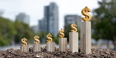 Dollar Signs on Buildings Growing From Soil, Symbolizing Financial Growth and Investment Opportunities in Real Estate : Generative AI