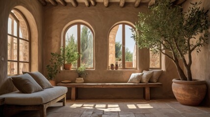 Obraz premium Rustic terracotta interior with arched windows and a potted olive tree