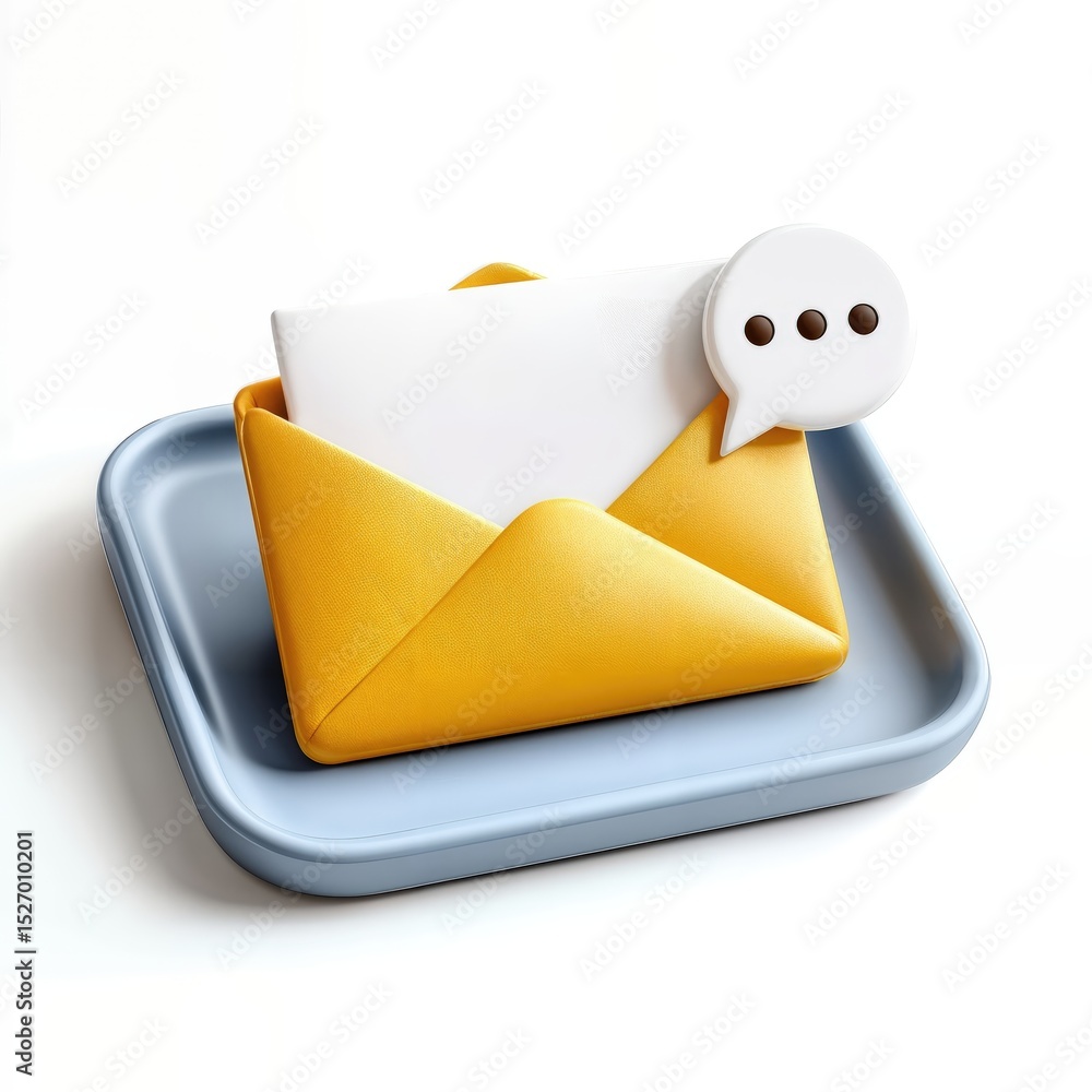 Poster Yellow Envelope with Message Icon on Blue Tray, Representing Digital Communication and Newsletter Subscription, on White Background : Generative AI