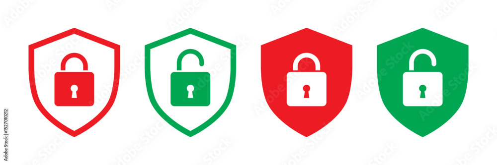 Poster lock and unlock security shield icons in red and green vector set.