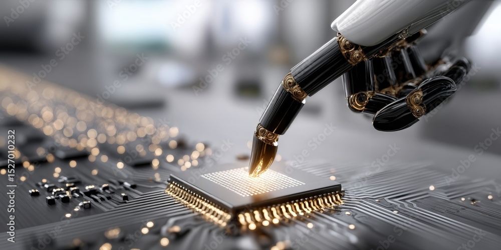 Fototapete Robotic Hand Touching a Microchip, Symbolizing Artificial Intelligence and Technological Advancement in Digital Transformation and Automation : Generative AI