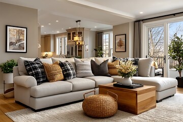 Cozy neutral living room interior high resolution picture