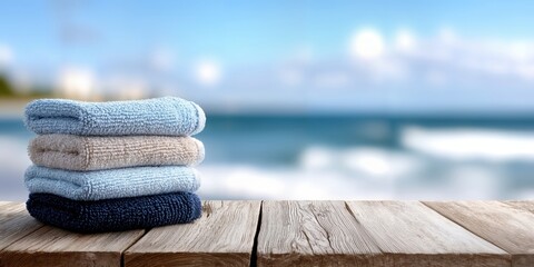 Obraz na płótnie Canvas Stack of Folded Towels on Wooden Table With Ocean View, Representing Hospitality and Vacation Rental Amenities : Generative AI