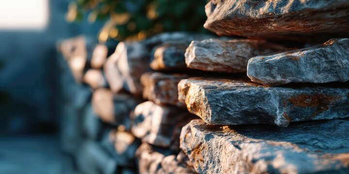Stacked Stone Wall in Warm Sunlight, Symbolizing Strength and Enduring Construction : Generative AI