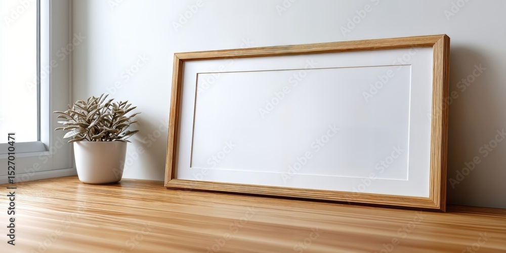 Poster wooden frame mockup on table near plant, ideal for home decor showcase and creative visualization pr