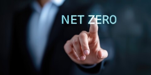 Man Touching Net Zero Hologram Display, Illustrating Sustainability and Corporate Responsibility in Modern Business Strategy : Generative AI