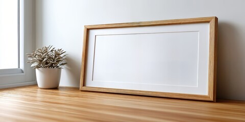 Wooden Frame Mockup on Table Near Plant, Ideal for Home Decor Showcase and Creative Visualization Projects : Generative AI