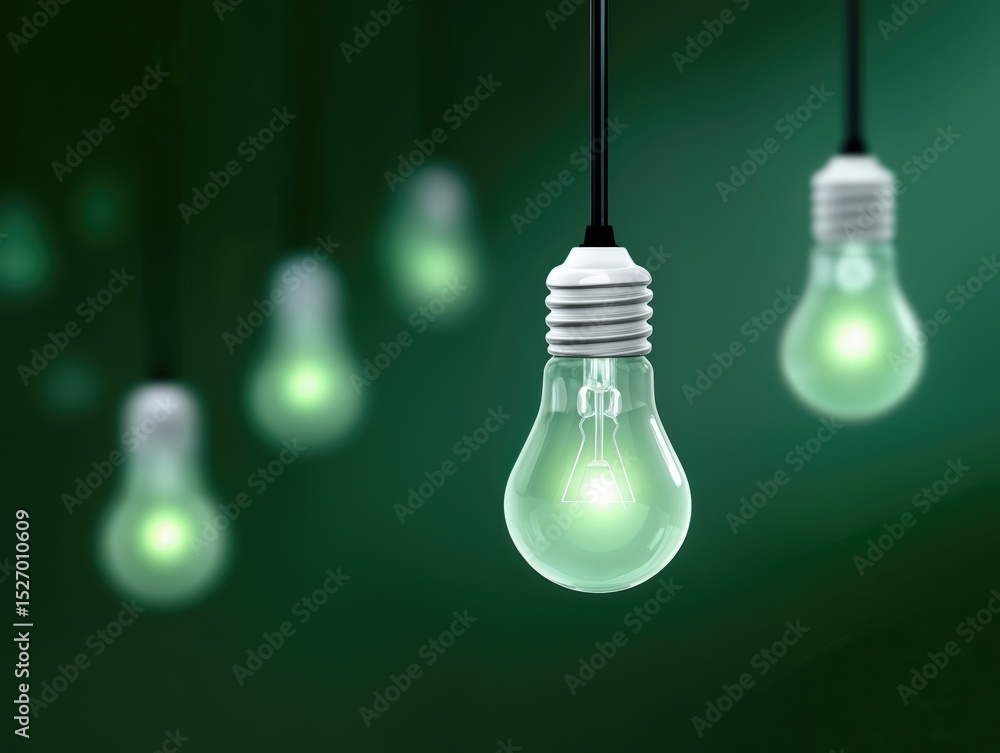Aufkleber Glowing Light Bulbs Hanging Against Green Background, Symbolizing Innovation and Creative Solutions for Business Strategy and Problem Solving : Generative AI
