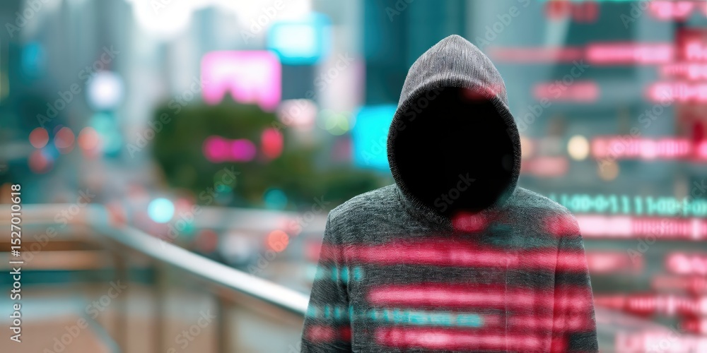 Leinwandbilder Anonymous Hacker in Hoodie With Binary Code Overlay Against Cityscape, Representing Cybercrime and Data Security Concerns for Digital Transformation : Generative AI