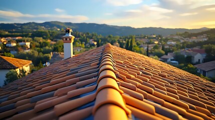 Warm sunlight bathes a terracotta tiled roof, overlooking a peaceful village scene.