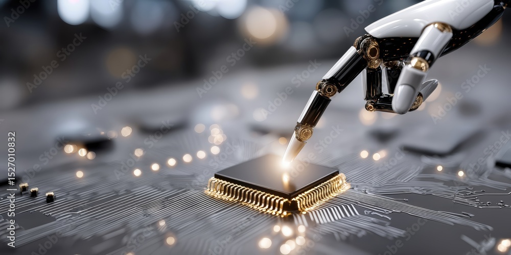 Leinwandbilder Robotic Hand Touching a Microchip on a Circuit Board, Symbolizing Artificial Intelligence and Technological Advancement for Digital Transformation Initiatives : Generative AI