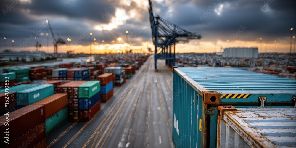 Poster stacked shipping containers at port terminal during sunset, illustrating global trade and supply cha