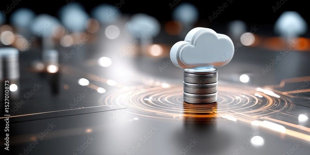 Poster Cloud Computing Icon on Stack of Coins With Glowing Circuitry, Representing Digital Transformation and Financial Technology Investment : Generative AI