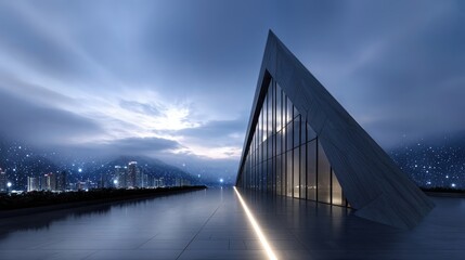 Obraz premium Futuristic Skyscraper With Cityscape at Dusk, Showcasing Modern Architecture and Urban Innovation, Ideal for Real Estate Marketing and Corporate Branding : Generative AI