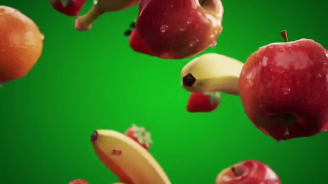 A vibrant mix of fresh fruits, including apples, oranges, bananas, and strawberries, tumbles gracefully in slow motion against a green screen,