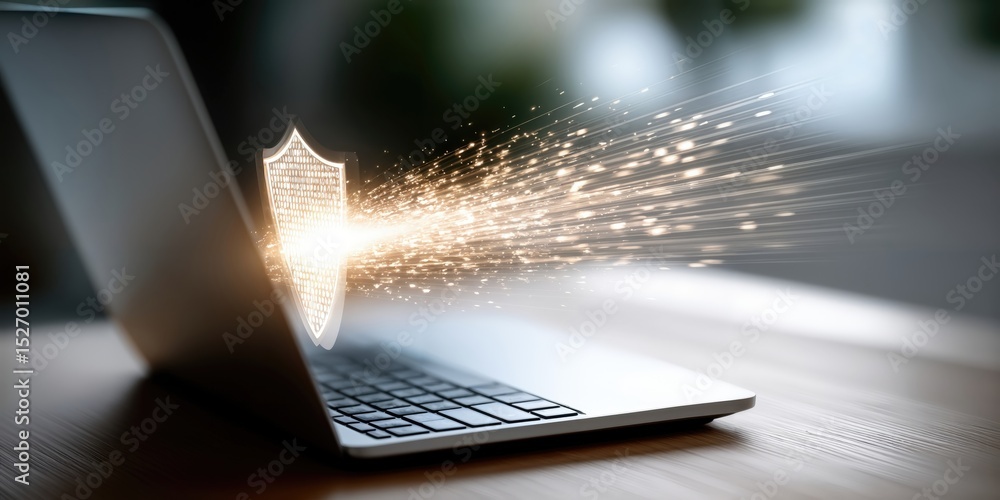 Aufkleber Glowing Shield Protecting Laptop From Cyber Attack, Illustrating Data Privacy and Network Security for Business Technology : Generative AI