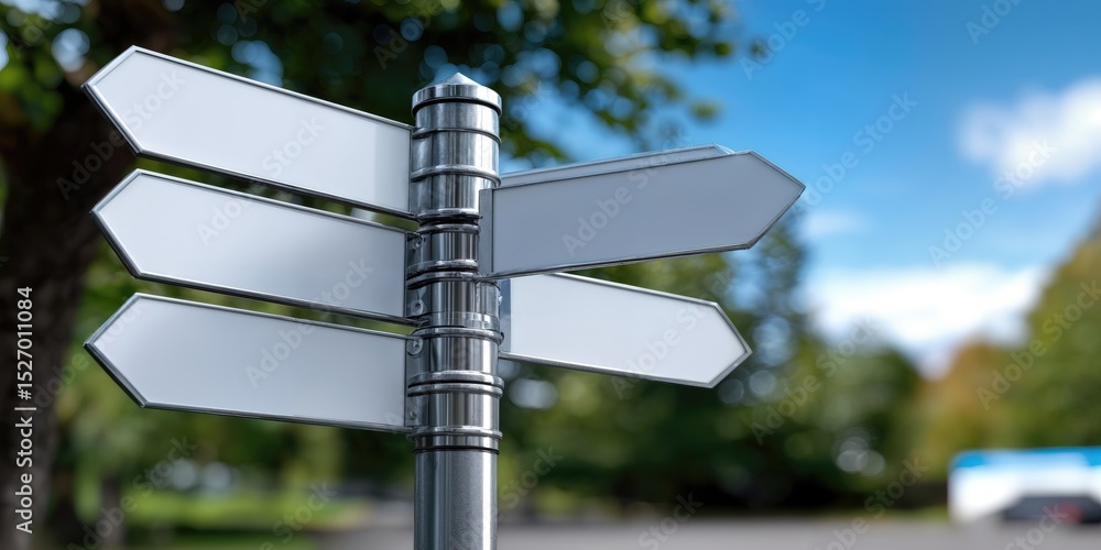 Poster blank signpost with multiple arrows in a park, representing direction and strategic planning for bus