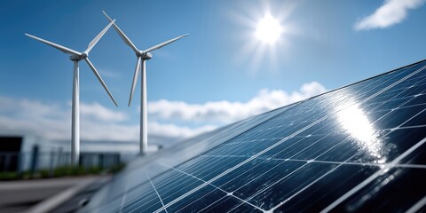 Wind Turbines and Solar Panels Against Blue Sky, Showcasing Renewable Energy Sources and Environmental Sustainability for a Greener Future : Generative AI