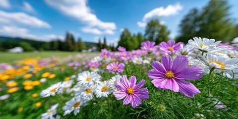 Obraz premium Field of Colorful Cosmos Flowers Under a Blue Sky, Symbolizing Natural Beauty and Springtime Renewal for Gardening and Floral Design Projects : Generative AI