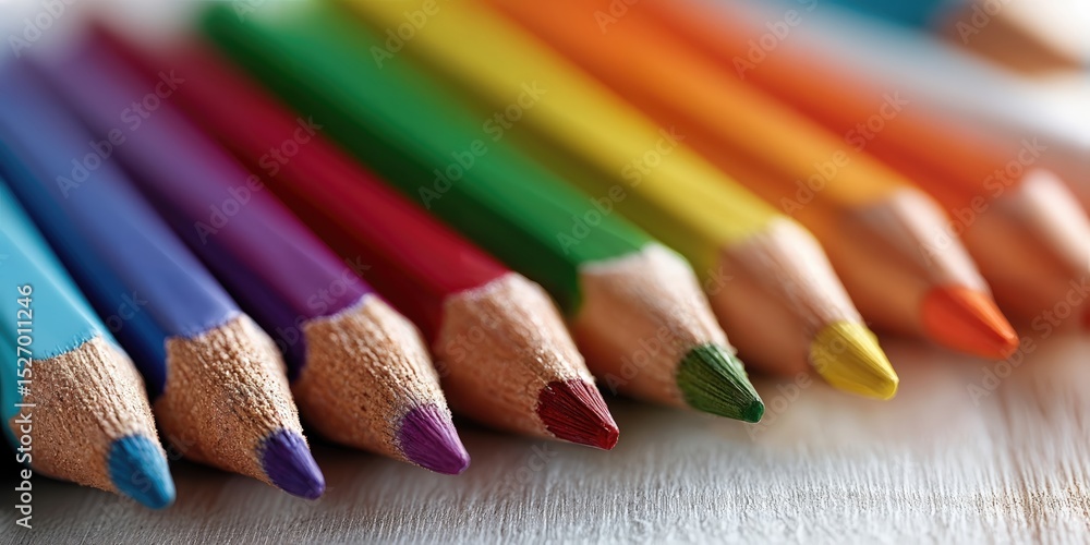 Poster colorful pencils in a row on wooden surface, symbolizing creativity and artistic expression for educ