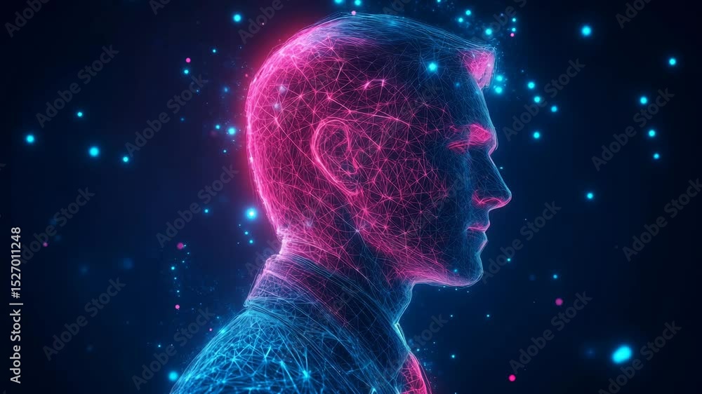 Poster a businessman is depicted in a captivating digital wireframe design, showcasing his profile illumina