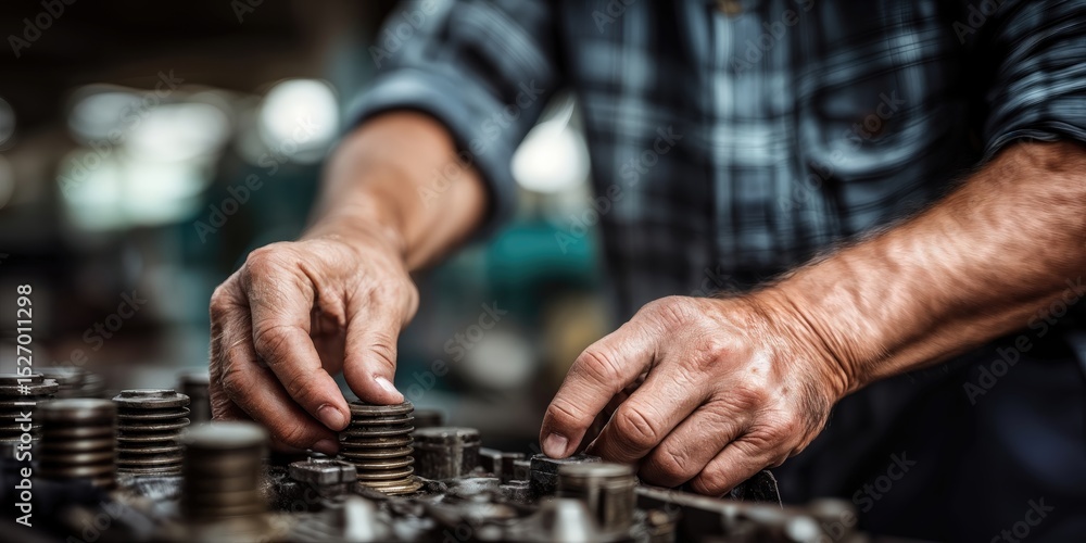 Poster mechanic assembling metal parts, showing precision and industrial progress in manufacturing and engi
