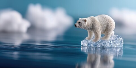 Polar Bear Standing on Iceberg in Melting Ocean, Symbolizing Climate Change Awareness and Environmental Conservation Efforts : Generative AI