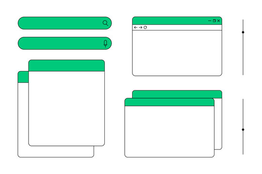 Browser windows and search bars with green headers. Minimal website UI wireframe design elements. Web interface concept