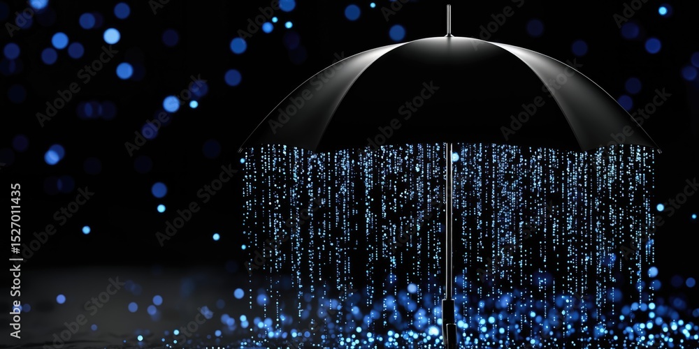 Poster black umbrella protecting from blue light rain, representing data security and cyber resilience in t