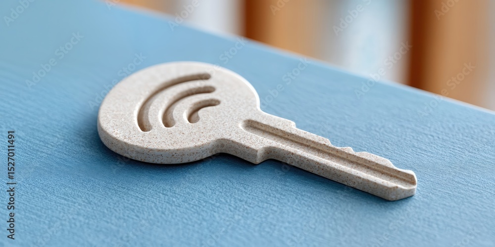 Poster Modern Key with Wifi Symbol on Blue Surface, Representing Security and Digital Access for Smart Home Technology and Connectivity Solutions : Generative AI