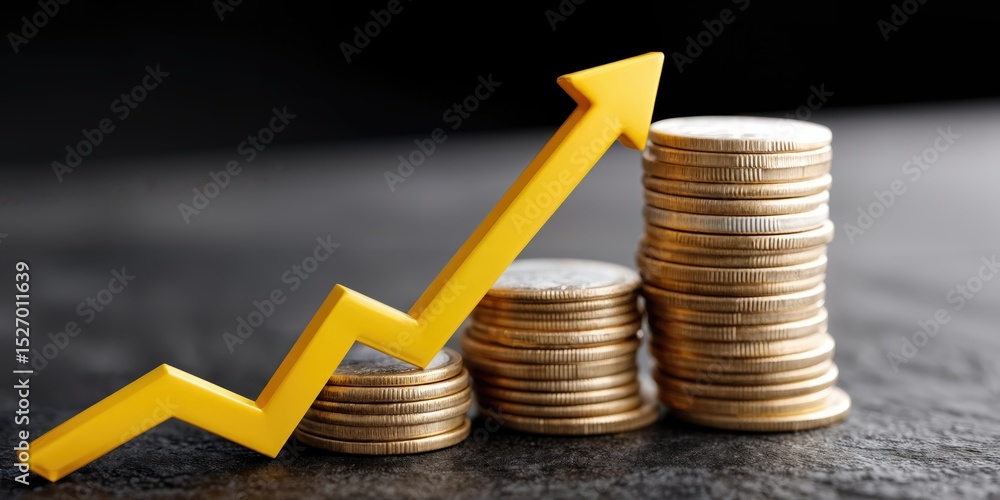 Poster stacks of coins with yellow arrow pointing upward, signifying financial growth and investment strate