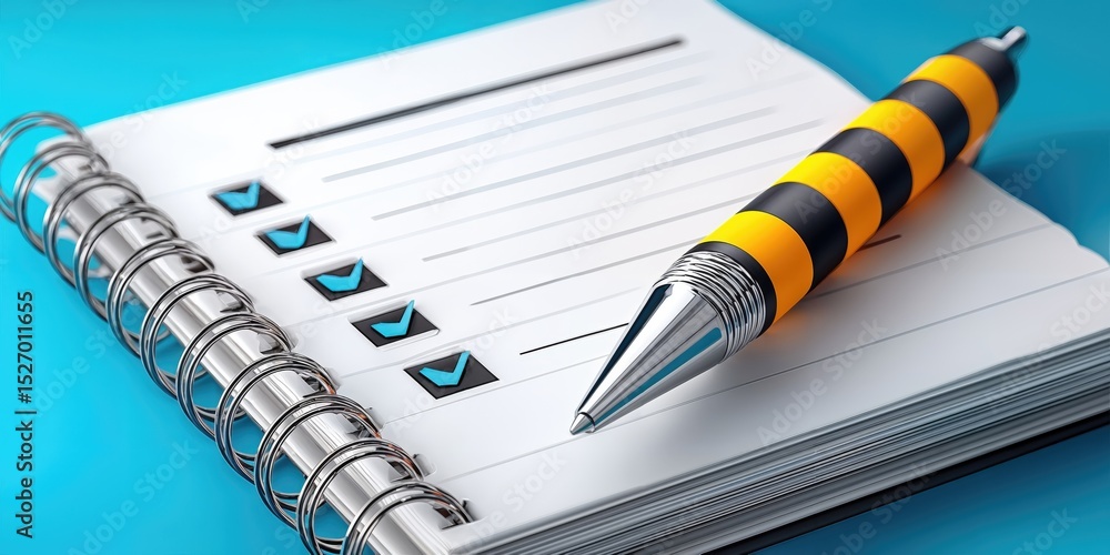 Poster checklist with blue checkmarks and striped pen on blue background, illustrating task management and 