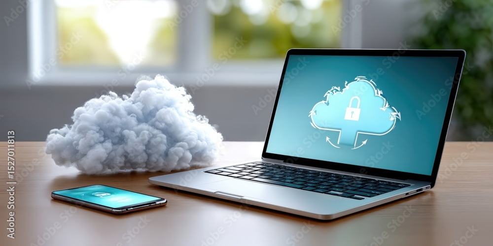 Poster Laptop and Smartphone Displaying Cloud Security, Emphasizing Digital Protection and Data Privacy in Modern Technology : Generative AI