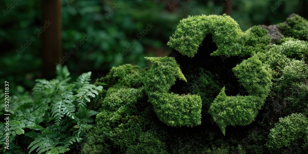Poster moss-covered recycle symbol in forest, representing environmental awareness and sustainable business