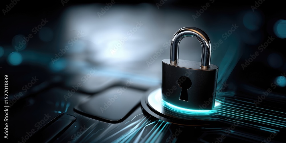 Fototapete Padlock on Glowing Platform, Symbolizing Cyber Security and Data Protection for Technology Solutions and Digital Transformation Initiatives : Generative AI