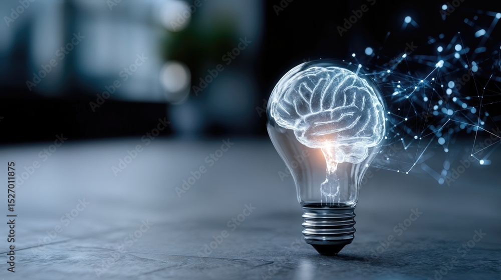 Poster Light Bulb With Brain Inside, Representing Innovation and Artificial Intelligence, Symbolizing Breakthroughs and Future Technology : Generative AI