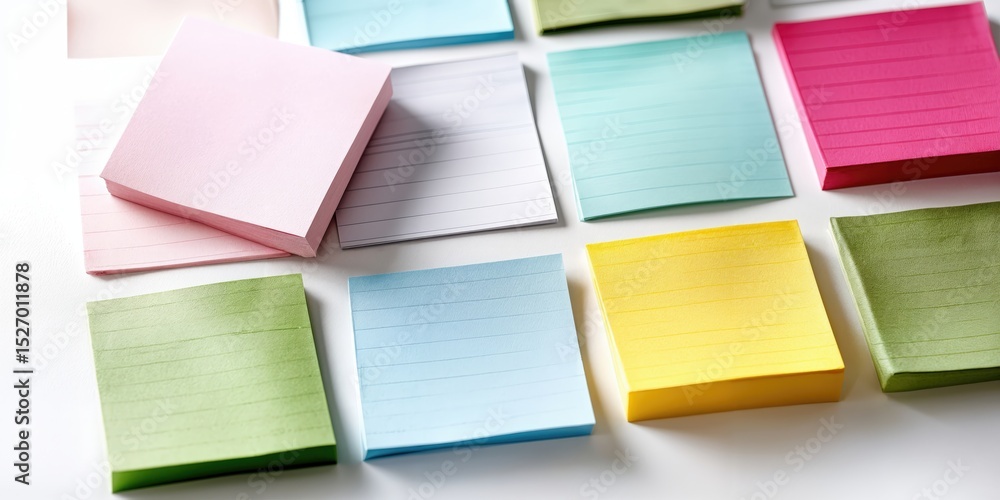 Poster colorful stack of sticky notes on white background, promoting organization and brainstorming for off