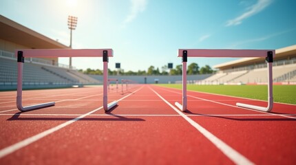 Row of athletic hurdles lined up on a red running track at an empty stadium.
