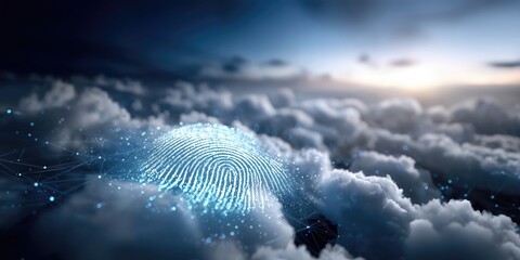 Glowing Fingerprint Over Clouds at Sunset, Representing Digital Security and Biometric Authentication for Cybersecurity Solutions : Generative AI