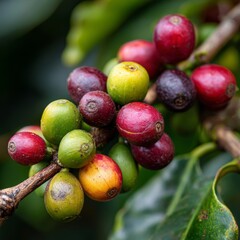 Close-up of vibrant coffee cherries, displaying a colorful array of textures