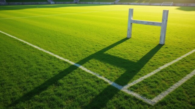 The long shadow of rugby goalposts on a lush green sports field on a sunny day