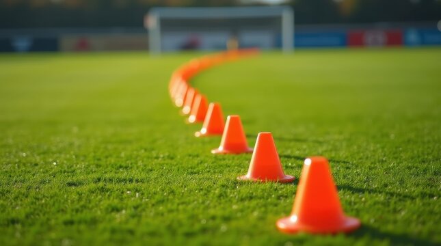 Orange training cones in a zigzag formation on a green field for sports drills.
