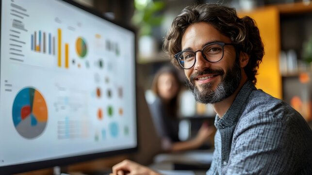 Happy businessman working on computer, smiling and analyzing data.