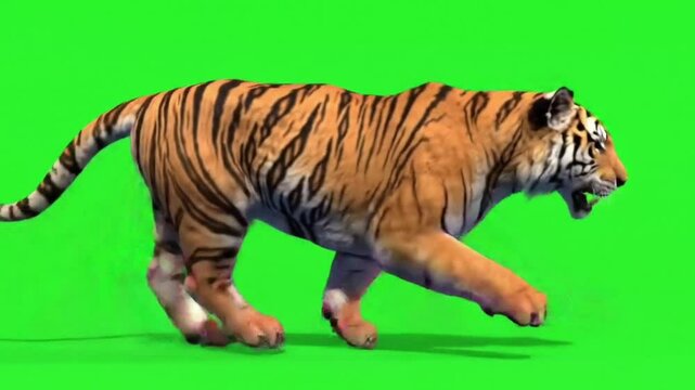 A majestic tiger runs in a seamless loop on a green screen perfect for visual effects and video compositing.
