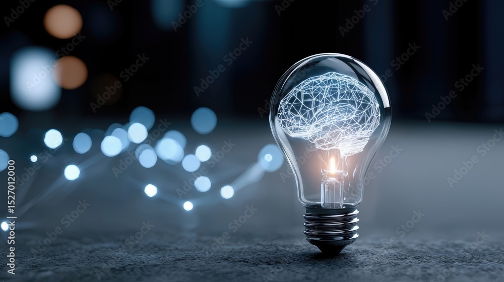 Poster Lightbulb With Glowing Brain Inside on Dark Background, Symbolizing Artificial Intelligence and Technological Innovation for Business Solutions : Generative AI