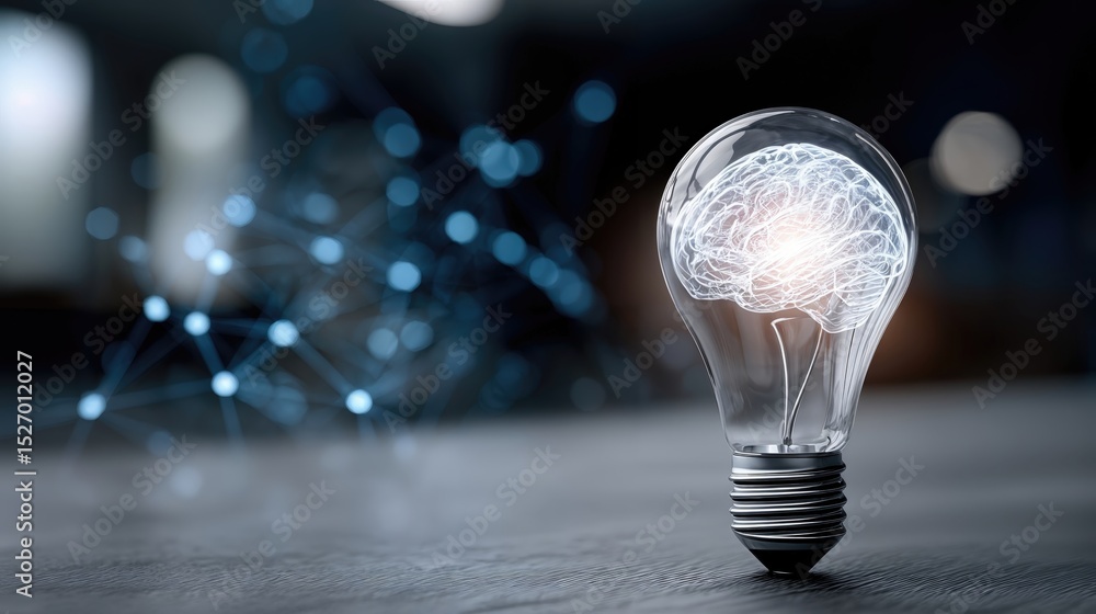 Aufkleber Illuminated Brain Inside Lightbulb on Table, Symbolizing Artificial Intelligence and Innovative Solutions for Business Development and Technology Advancement : Generative AI